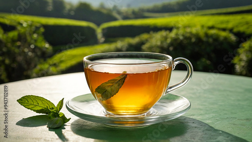 Hot green tea with mint, on wooden table.