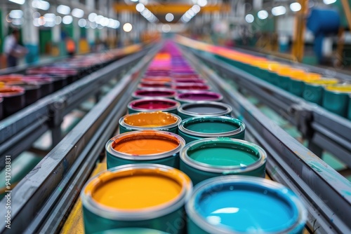 Fototapeta Naklejka Na Ścianę i Meble -  A busy paint manufacturing factory with rows of conveyors carrying paint cans in various colors, ready for packaging