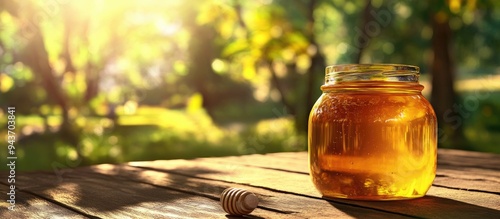 Honey jar placed on a table...