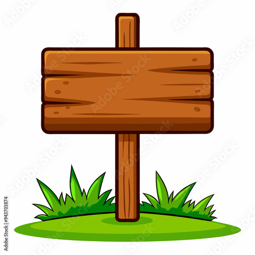 A wooden sign is prominently sitting on top of a lush grassy hill