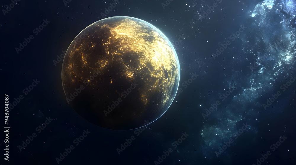 Fototapeta premium A lone planet with a glowing surface and a swirling nebula in the background.