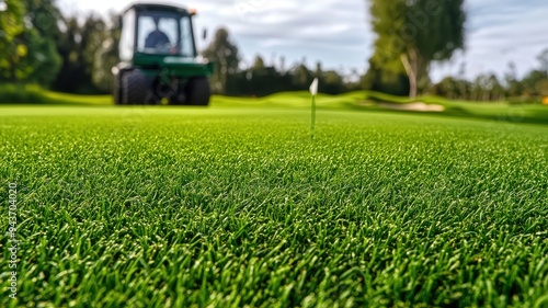 A close-up view of lush green golf course turf with a flagstick and a maintenance vehicle in the background, showcasing pristine landscaping.