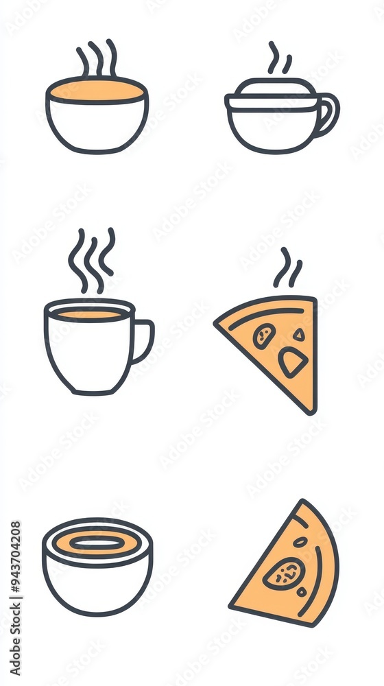 Fototapeta premium The illustration showcases an array of modern restaurant items, including cups of coffee, soups, and slices of pizza, presented in a clean design