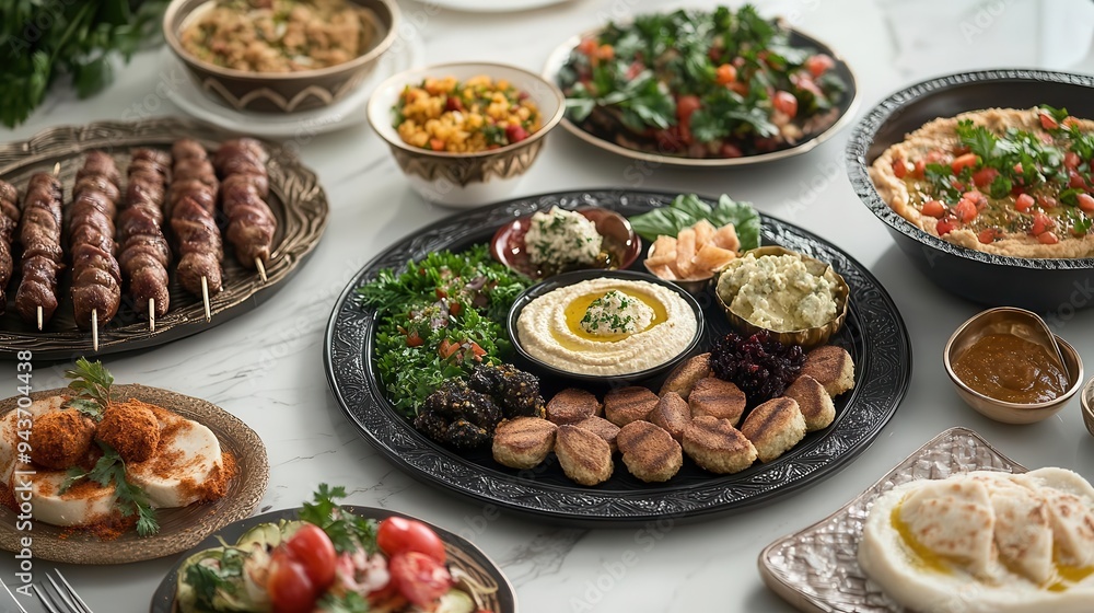 A table full of Arabic food assortment with a variety of dishes including meat, vegetables, and dips A table full of Arabic food assortment with a variety of dishes including meat, vegetables, and dips