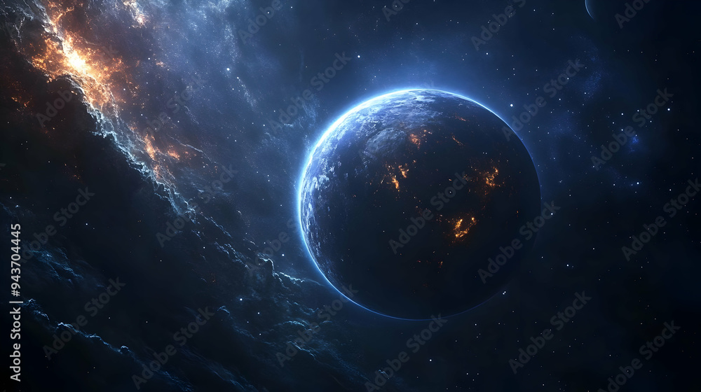 A lone planet, glowing with light, sits in a vast, dark expanse of space. A lone planet, glowing with light, sits in a vast, dark expanse of space.