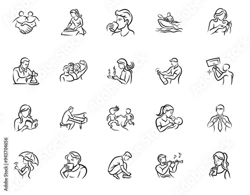 For lifestyle and web design, linear minimalist art icons depicting everyday activities in black and white