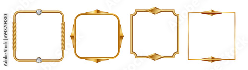 Game classic frame of gold with brilliants, realistic design. Vector photoframe with diamonds, retro classical decoration, plank picture framing. Empty ornamental borders set