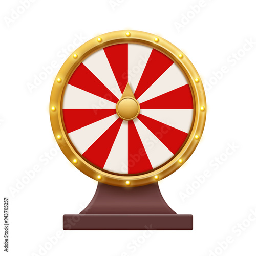 Fortune or gambling wheel with pointer, isolated machine with colorful slots and glowing lights. Vector realistic casino game for trying luck. Spinning and winning award or money prize