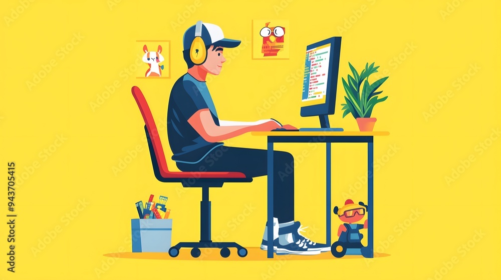 A young male programmer is sitting at his desk. He has headphones on, and the computer screen shows code A young male programmer is sitting at his desk. He has headphones on, and the computer screen shows code