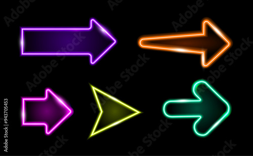 Neon arrow realistic set of pointers showing direction to right. Vector icons set of indicators for advertising or banners. Directing and indicating way, sign of next or forward symbols