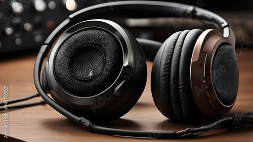  Close-up of the headphone's earcups, showcasing the fine stitching of the leather padding and the detailed mesh covering the speaker drivers. photo