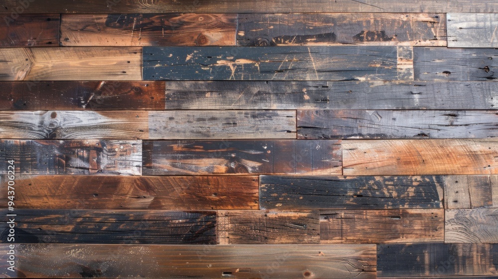 Flat lay of a reclaimed wood surface with mixed tones and textures, ideal for a unique background Flat lay of a reclaimed wood surface with mixed tones and textures, ideal for a unique background