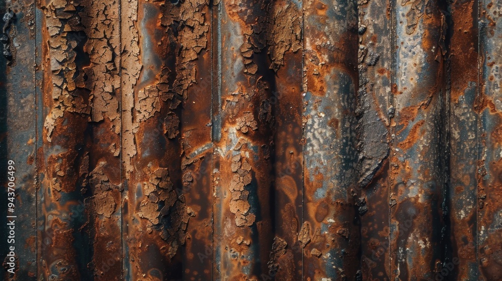 Obraz premium Flat lay of a rusted iron sheet with deep grooves and rough textures, ideal for a raw, industrial look