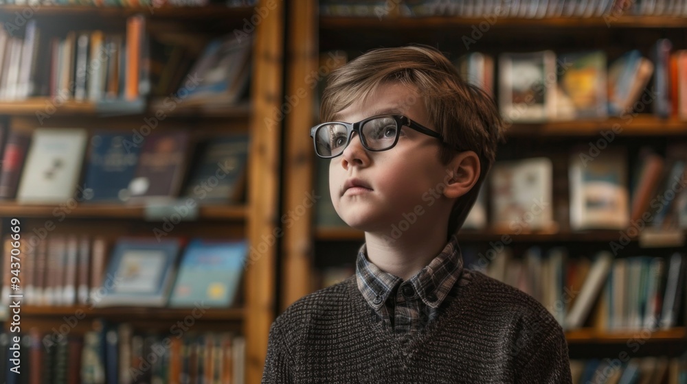 A young boy wearing glasses is standing in front of a bookshelf A young boy wearing glasses is standing in front of a bookshelf