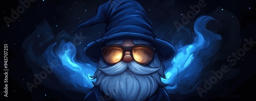 A mystical wizard with a blue hat and glowing aura, exuding wisdom and magic in a dark, enchanting background.