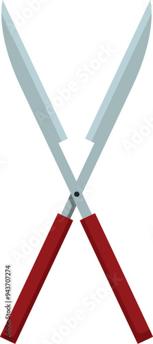Gardening scissors with red handles crossing blades isolated on white background