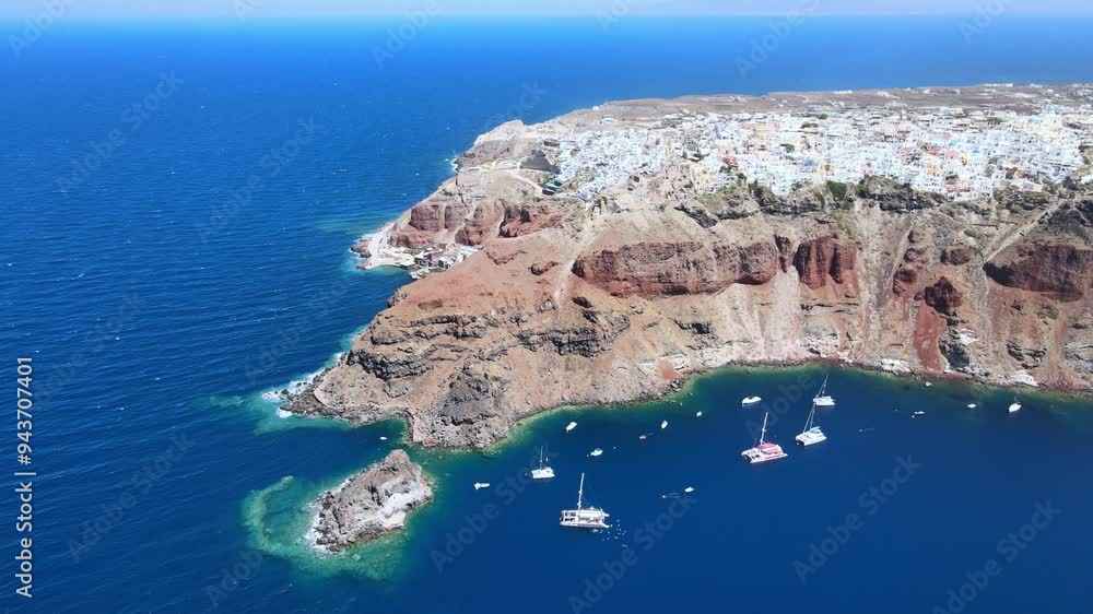 Flight around of Three Blue Domes church in Oia town on Santorini island, Greece
Flight around of Three Blue Domes church in Oia town on Santorini island, Greece