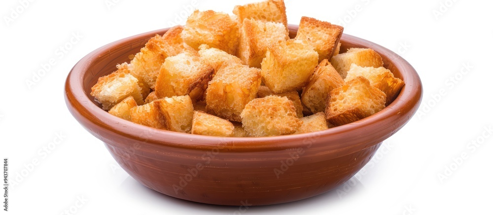 Bowl of crunchy croutons Cubes of bread that have been toasted and fried in oil Isolated on a white background. with copy space image. Place for adding text or design Bowl of crunchy croutons Cubes of bread that have been toasted and fried in oil Isolated on a white background. with copy space image. Place for adding text or design