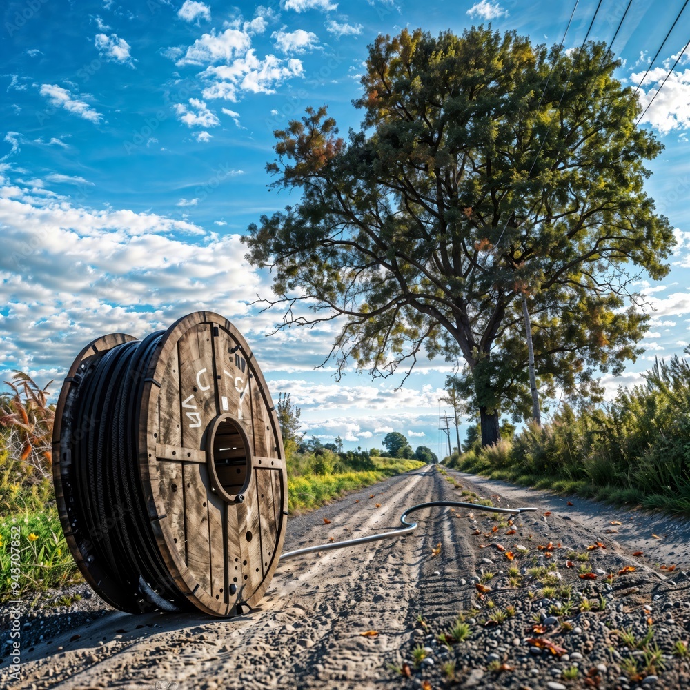 Rural Cable Installation. A large spool of cable is placed on a dirt road in a rural area, with a tree and power lines in the background under a blue sky with clouds. Rural Cable Installation. A large spool of cable is placed on a dirt road in a rural area, with a tree and power lines in the background under a blue sky with clouds.