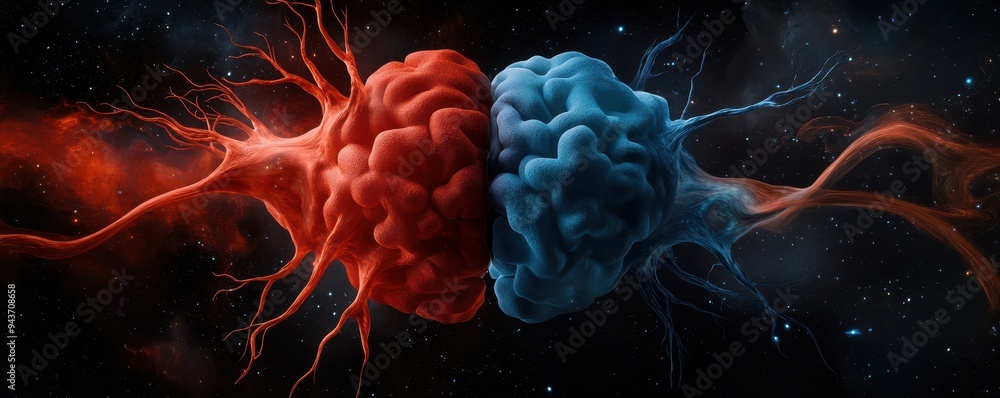 A stunning visual of intertwined brains in red and blue, symbolizing passion and logic in a cosmic backdrop. A stunning visual of intertwined brains in red and blue, symbolizing passion and logic in a cosmic backdrop.