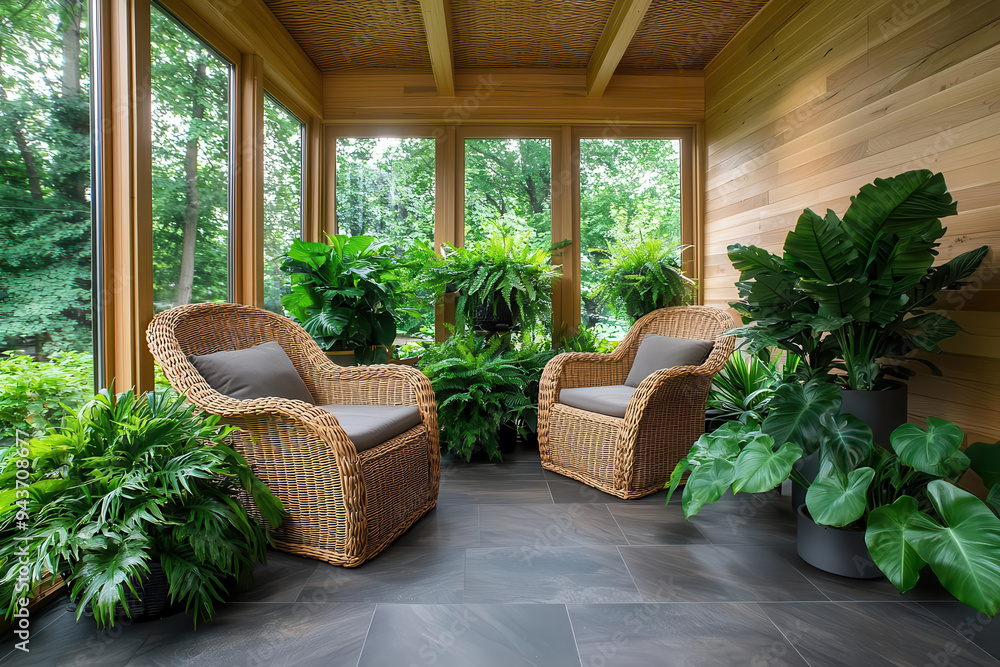Eco-friendly sunroom with rattan chairs, recycled materials, and abundant natural light, Eco-Friendly Furniture, Sustainable Sunroom Eco-friendly sunroom with rattan chairs, recycled materials, and abundant natural light, Eco-Friendly Furniture, Sustainable Sunroom
