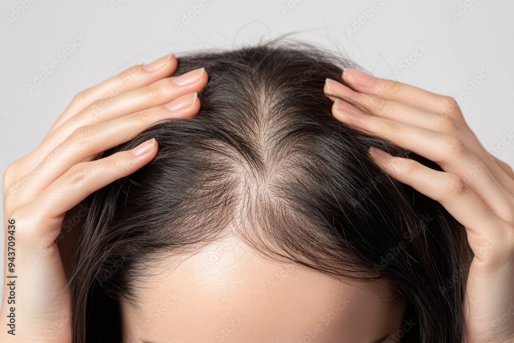 Close up photography capturing hair loss hands examining thinning hair and bald spots on scalp Close up photography capturing hair loss hands examining thinning hair and bald spots on scalp