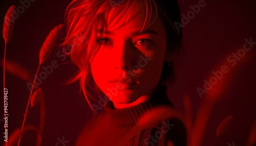Candid image, photography, natural textures, highly realistic light, editorial, Cinematic still image glowing portrait in a surreal world with shining red grass, minimal soft studio light photography,