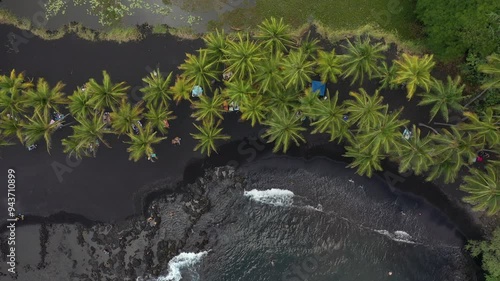 Black sand beach of Punaluu, Hawaii, USA, aerial view