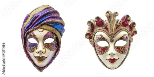 Two ornate Venetian carnival masks, one purple and one red, isolated on a white background. Transparent