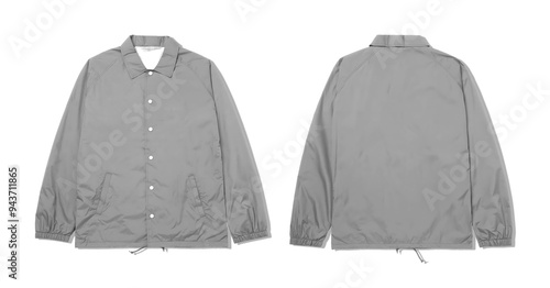 Gray coach jacket with front and back view, buttoned up. Apparel design, fashion catalog, garment concept, formal wear collection. photo