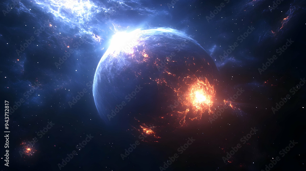 Naklejka premium A planet engulfed in flames with a blue glowing energy beam erupting from the surface.