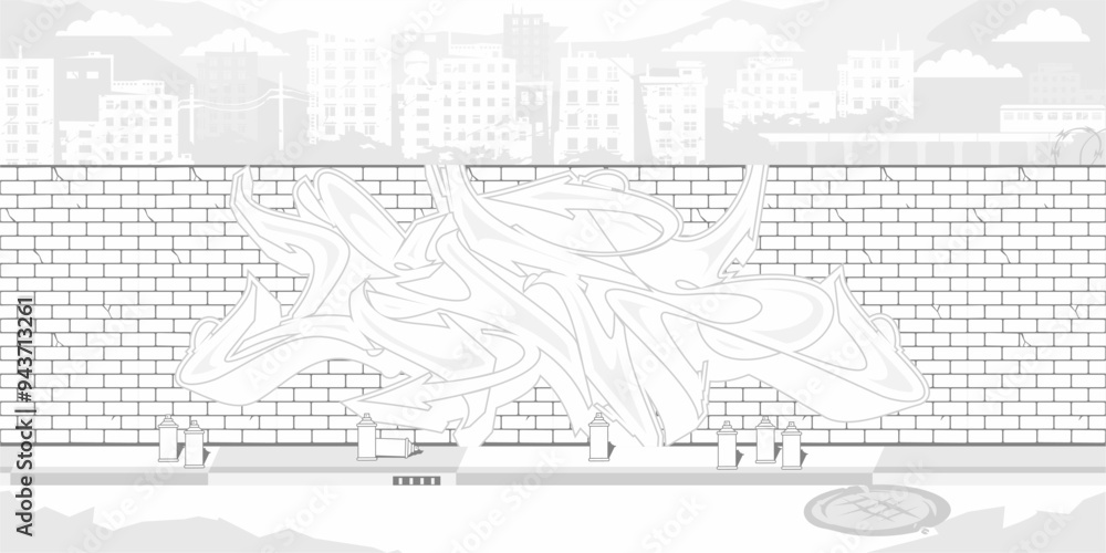 Cool Brick Wall With Street Art Graffiti Drawing Coloring Page With Background Of The Cityscape Cool Brick Wall With Street Art Graffiti Drawing Coloring Page With Background Of The Cityscape