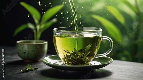 Hot green tea with mint, with splash pouring from the kettle into the cup, steam rises.