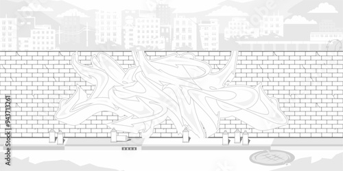 Cool Brick Wall With Street Art Graffiti Drawing Coloring Page With Background Of The Cityscape