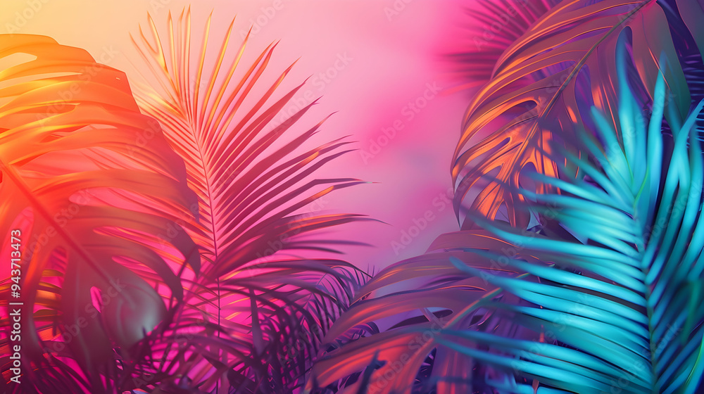 tropical palm leaves in vibrant neon gradient holograph tropical palm leaves in vibrant neon gradient holograph