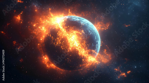 A planet explodes with fire...