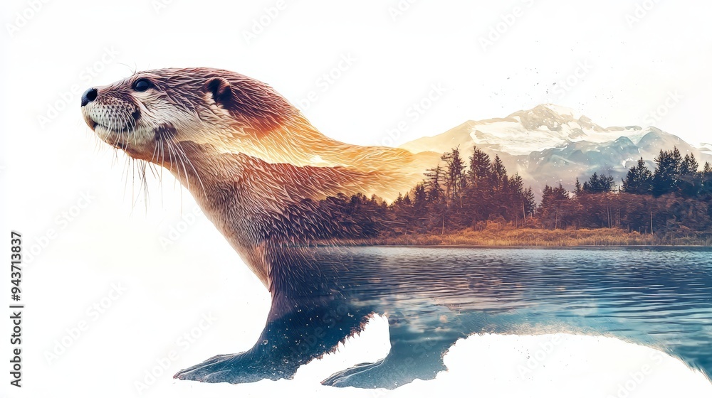 Fototapeta premium Otter with mountain and lake double exposure