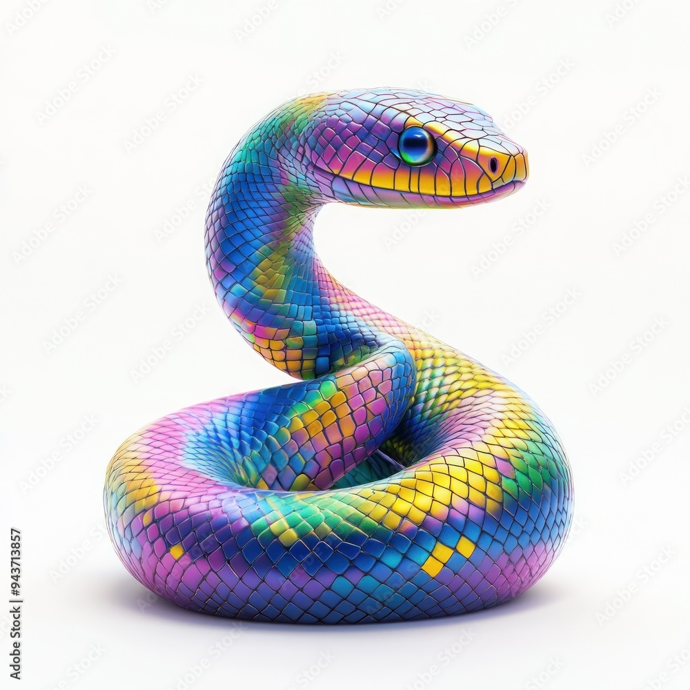Fototapeta premium A vibrant, multicolored snake coiled in an artistic pose against a white background.