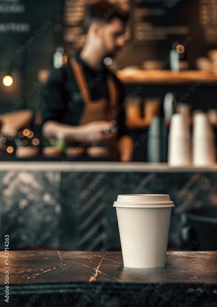 White paper disposable coffee cup on wooden table in a cafe setting with blurred background, ideal for branding and mockup designs White paper disposable coffee cup on wooden table in a cafe setting with blurred background, ideal for branding and mockup designs