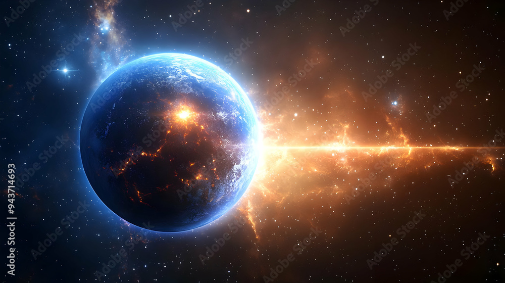 Fototapeta premium A planet in space with a bright light behind it.