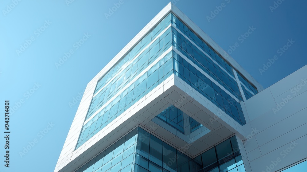 Modern glass building with sleek design and clear blue sky. structure conveys sense of innovation and professionalism. Modern glass building with sleek design and clear blue sky. structure conveys sense of innovation and professionalism.