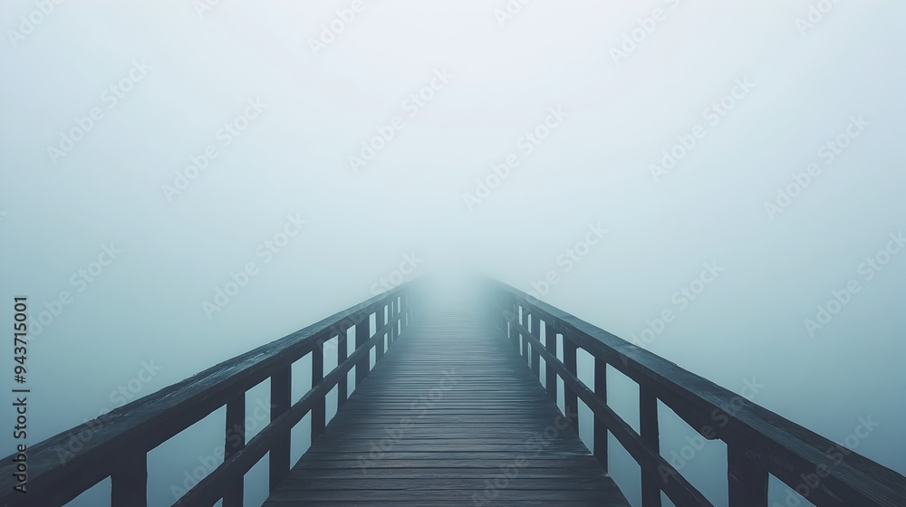 A minimalist and atmospheric landscape of a bridge disappearing into the mist creating a sense of mystery and the unknown This image provides ample copy space for text overlay or design elements A minimalist and atmospheric landscape of a bridge disappearing into the mist creating a sense of mystery and the unknown This image provides ample copy space for text overlay or design elements