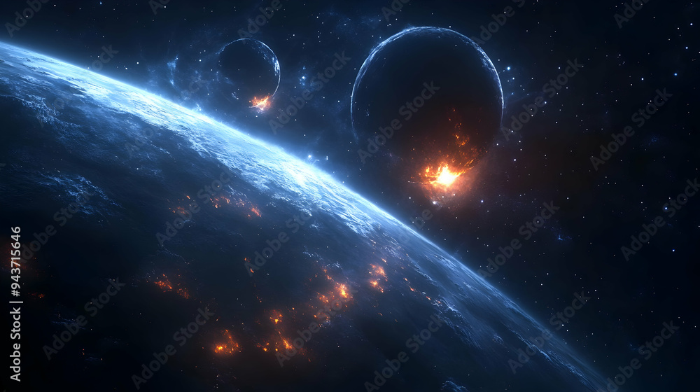 A planet in space with another planet exploding in the distance. A planet in space with another planet exploding in the distance.