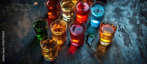 A variety of liqueurs in glasses on a dark textured table viewed from above Room for text. with copy space image. Place for adding text or design photo