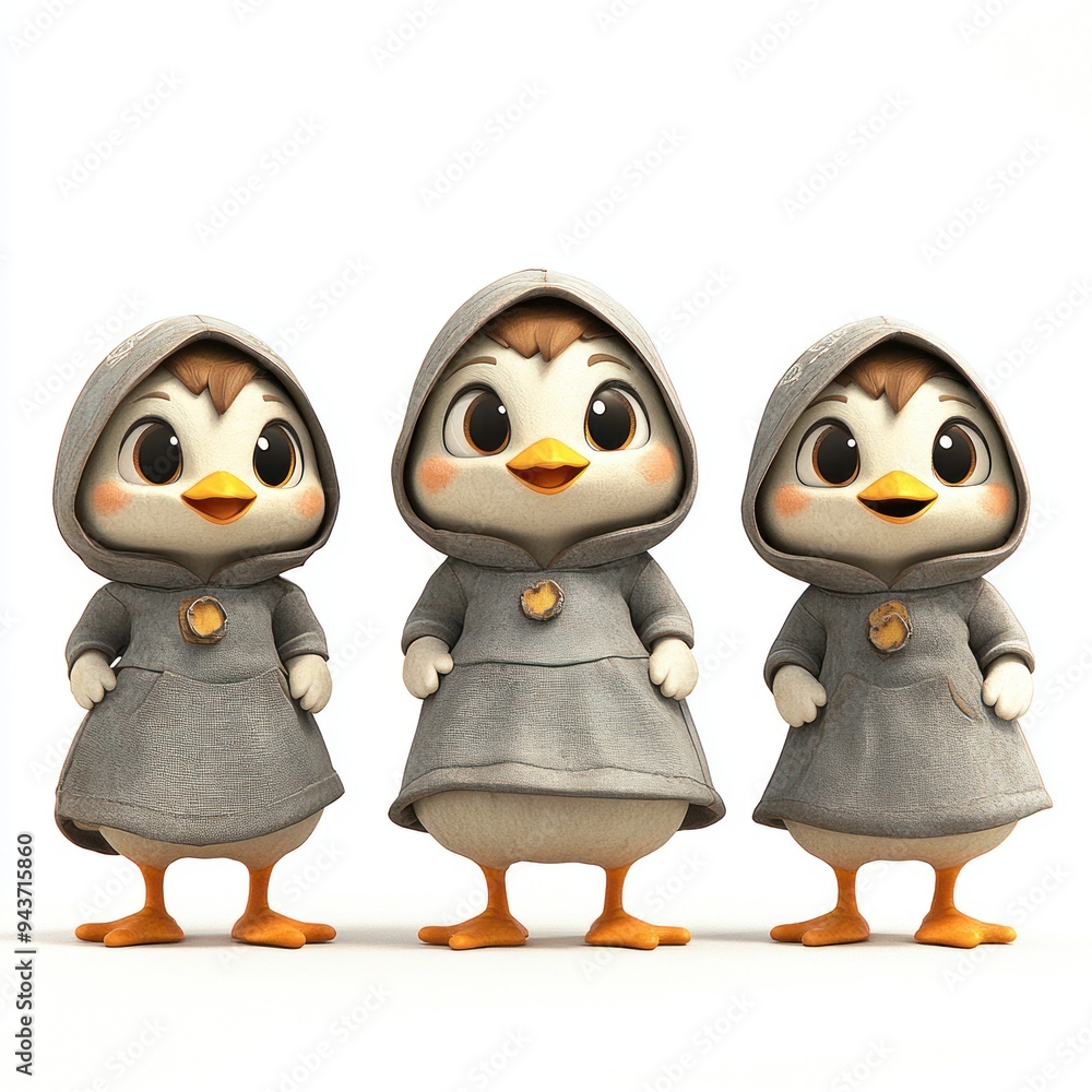 Obraz premium Three cute animated birds in grey hooded outfits.