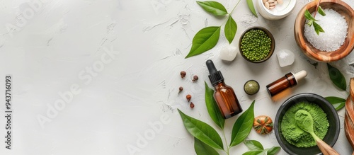 Wallpaper Mural Natural organic cosmetics including bottles of oil cream clay salt and gua sha massage tools arranged in a flat layout with copy space Torontodigital.ca