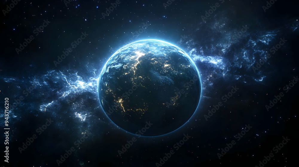 Naklejka premium A planet in the vastness of space with a blue glow.