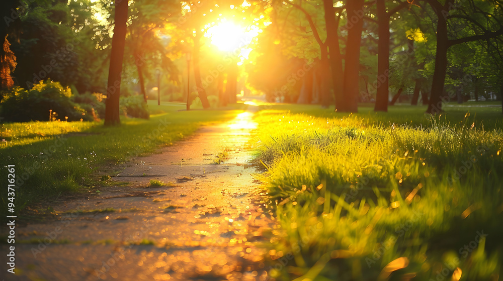 Obraz premium Sunlit path in a park before sunset