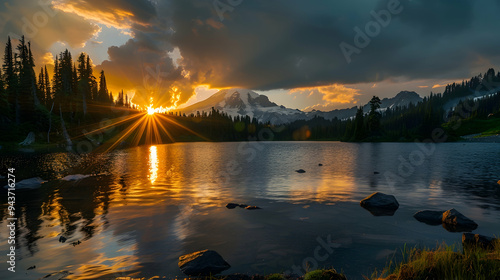 Sun setting over Mt Rainier at Tipsoo lake in Mt Rainier national park in Washington photo