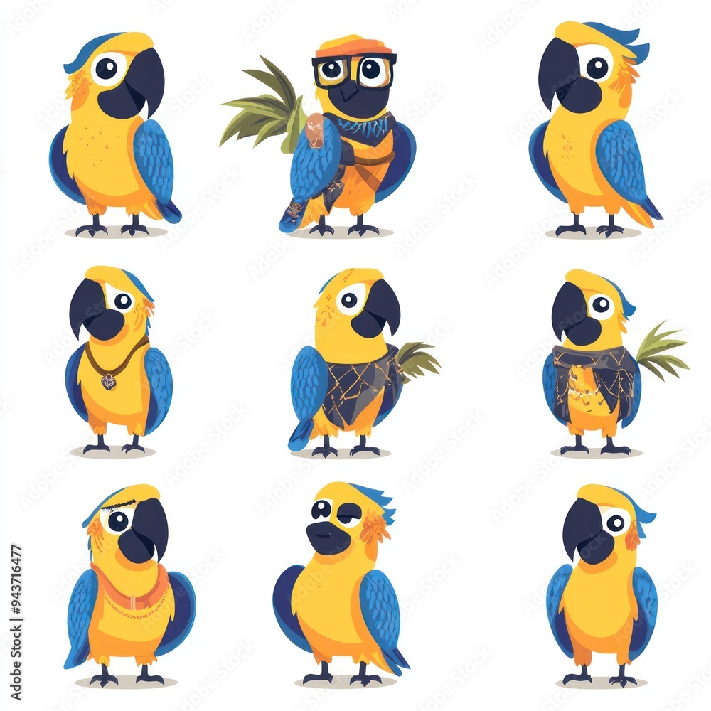 A grid of colorful cartoon parrots with various accessories and styles. A grid of colorful cartoon parrots with various accessories and styles.